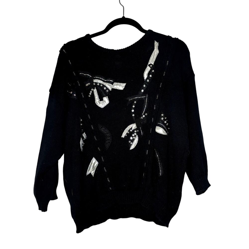 Vintage 1980s Shenanigans Black Sweater Appliqué Embroidery Beaded Mod Large